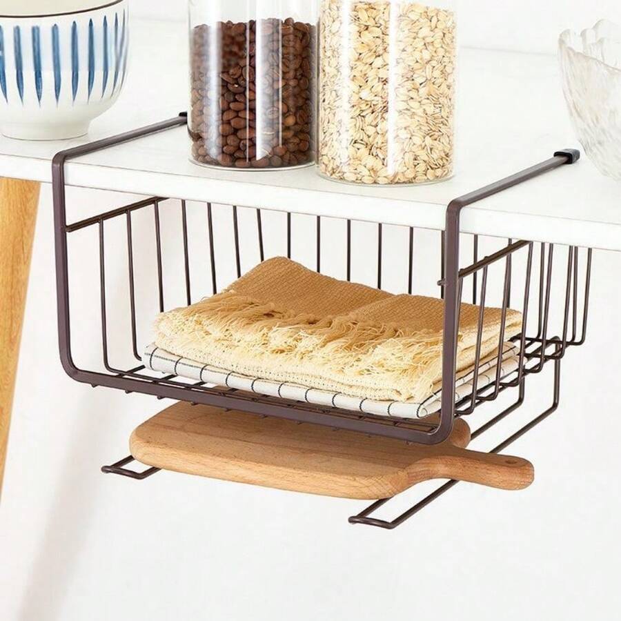 1PC Multi-Functional Kitchen Cabinet Storage Basket, Wall-Mounted Hanging Rack For Cabinets, No Drilling Required, Space-Saving And Organized - Brown - View 1