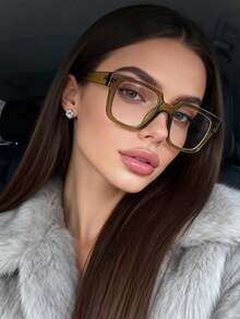 一副男女通用简约橄榄绿方框时尚眼镜，休闲百搭，适合日常佩戴、阅读、办公、街头风格。 - 綠色 - 查看 2