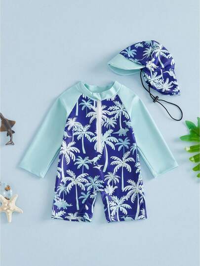 Trajes de baño para bebés y niños pequeños, mono de manga larga con estampado de cocoteros y gorro, 2 piezas