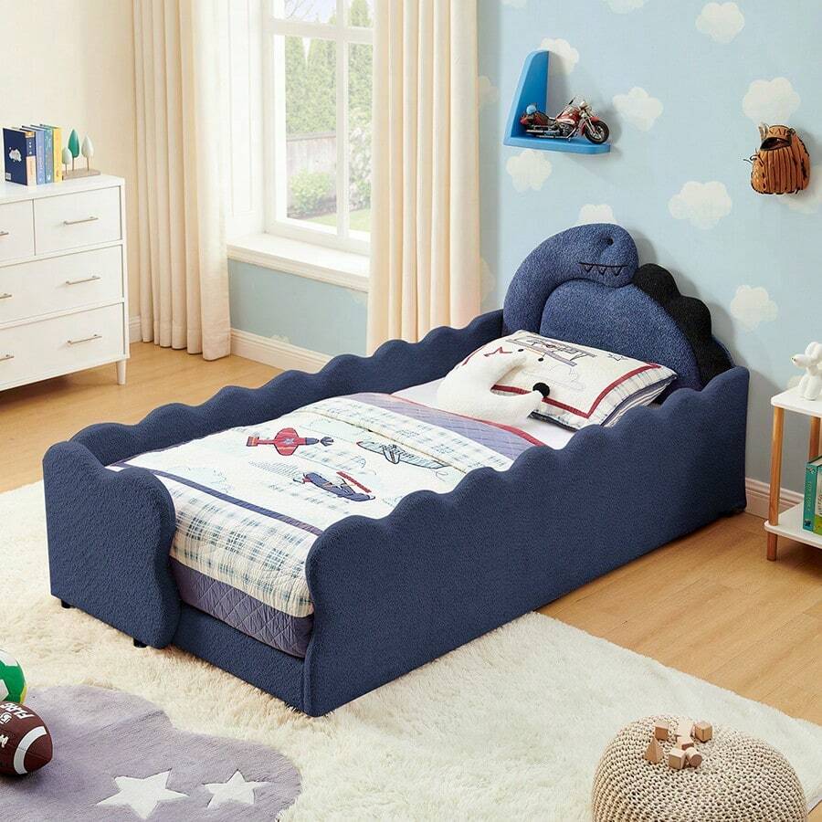 YOGLAD Twin Size Dinosaur Shaped Upholstered Bed Frame, 3D Dinosaur Headboard Platform Bed With Padded Guardrails, Bouclé Fabric Floor Bed, Solid Wood Slats And Reinforced Metal Frame, Space Saving Bed For Small Bedroom, Apartment, Modern Home Decor - 藏蓝色 - 查看 1