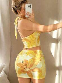 黄色格子复古印花吊带背心套装，Y2K性感夏季沙滩度假露脐上衣和迷你裙两件套 - 彩色 - 查看 2