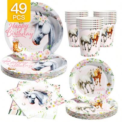 1 Set Floral Horse Happy Birthday Disposable Plates, Napkins, Cups, Serves 8 Guests, Suitable For Birthday, Wedding, Party, Family Picnic