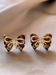 1 par de pendientes de botón con lazo de strass delicados - color café - Ver 4