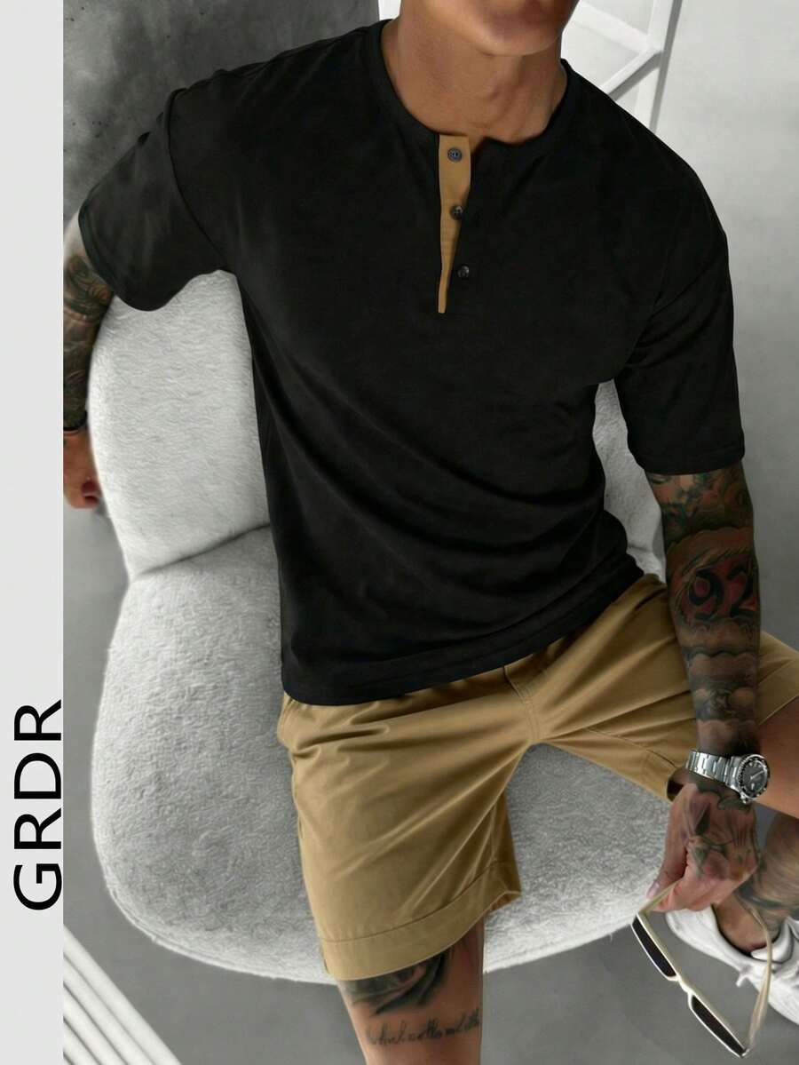 GRDR 1件男士休闲亨利领短袖T恤，夏季 - 黑色 - 查看 1