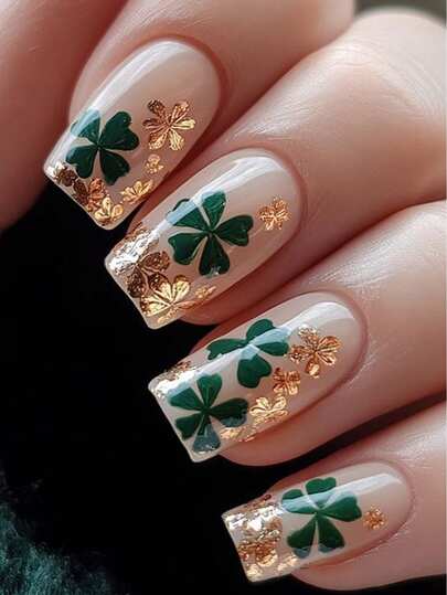 24pcs Medium Square False Nails, 3D Gold-Plated Four-Leaf Clover St. Patrick's Day Wearable Nails, Full Coverage Removable Manicure Set, Suitable For Women's Parties, Balls And Daily Wear