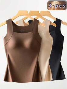 3pcs Women's Plus Size Seamless Tank Top With Built-In Bra- Slim-Fit Lifting, Skin-Friendly Base Layer, Sleeveless Wide Straps, Solid Black/Apricot/Brown, Smooth Washable Fabric, All-Season Layering For Daily Use - 黑色+棕色+米白色 - 查看 15