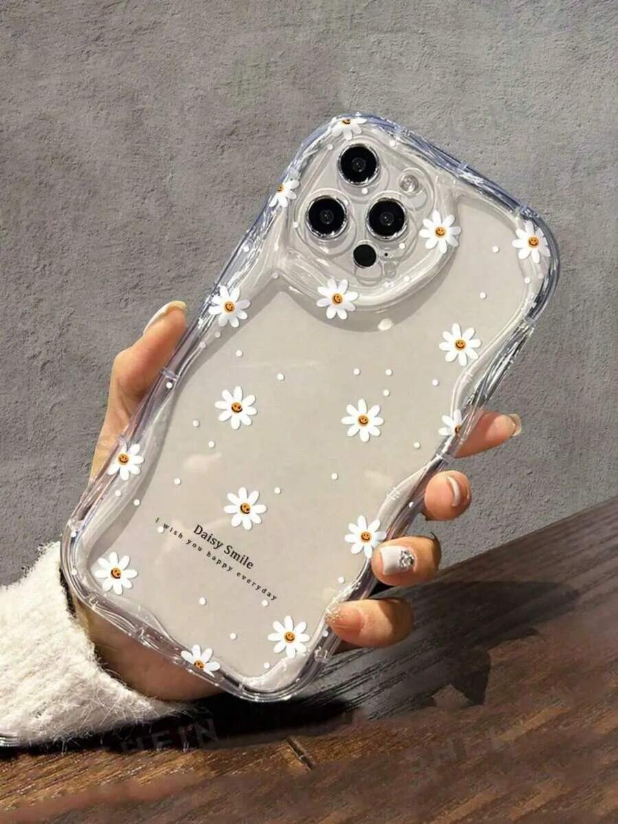 1pc White Daisy Cute Sunflower Smiling Face Cartoon Inspirational Letter Fashion Transparent 3D Wave Full Coverage Anti-Fall Phone Case Compatible With Samsung/Spark/Infinix/OPPO Waterproof Shockproof Scratch Resistant - Clear - View 1