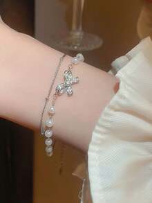 1pc Luxury Double-Layer Bowknot & Pearl Stacked Bracelet - Silver - View 1