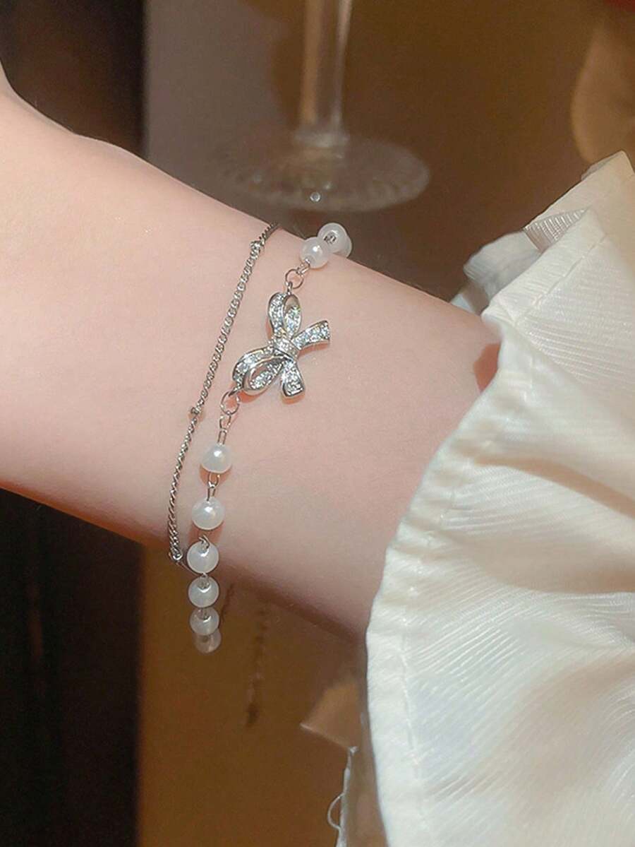1pc Luxury Double-Layer Bowknot & Pearl Stacked Bracelet - Silver - View 1