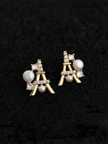 一对女士优雅珠宝养殖珍珠埃菲尔铁塔锆石S925银耳钉，适合日常佩戴，情人节礼物 - #1 - 查看 1