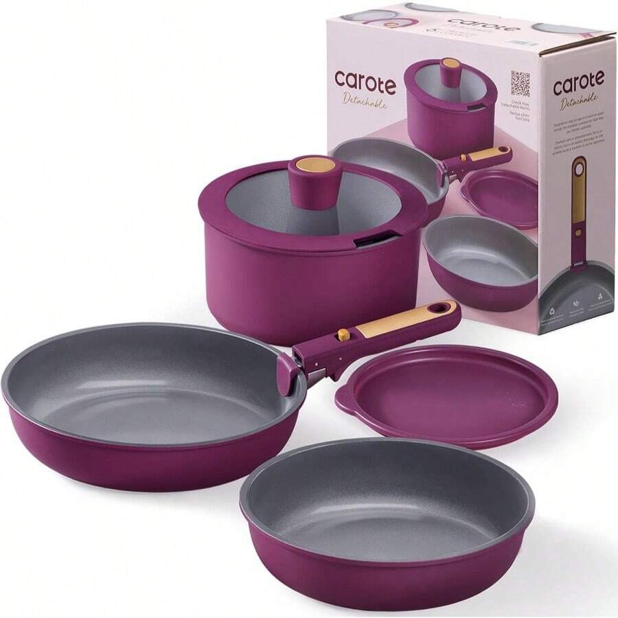 Ceramic Pots And Pans Set, Nonstick Cookware Set Detachable Handle, 6pcs Induction Kitchen Cookware Sets Non Stick With Removable Handle, RV Cookware Set, Oven , Purple - 金色紫外線 + 6 件裝 - 查看 1