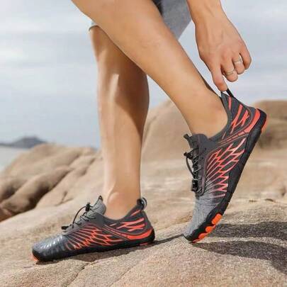 2026 New Summer Outdoor Quick-Drying Breathable Water Shoes, Beach Swimming Diving Snorkeling Shoes, Multi-Functional Hiking Climbing Fitness Shoes, Lightweight Mesh Elastic Upper, Drainage Holes Sole, Essential For Beach Travel, Striped Design Sports Shoes, Grey-Orange Color, Size 35-47