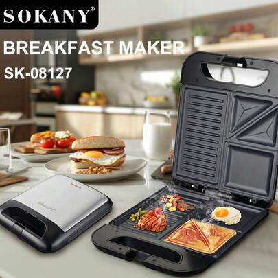  SOKANY 08127 Multifunctional Sandwich Maker, Breakfast Maker, Small Food Processor. 1400W High Power, Dual-Sided Heating, LED Indicator Light, 3 Pattern Inner Mold. Suitable For Egg/Steak/Hot Dog/Sandwich Making. Ideal For Home Breakfast, Office Snacks, Outdoor Camping, Essential Kitchen Breakfast Tool