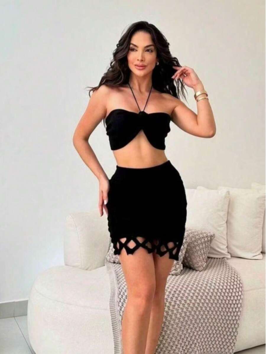 3-Piece Beach Cover-Up Set With Skirt And Cropped Top And Removable Lining - Negro - Ver 1