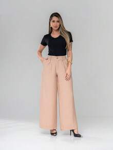 Women's Tailored Wide-Leg Trousers With Side Pockets, Buttons, And Zipper - Elegant, Formal, And Office Wear - 米色 - 查看 4