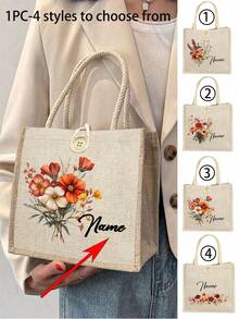 1个可定制帆布手提袋，亚麻帆布材质，可印制姓名和花卉图案，个性化纽扣装饰手提袋，简约大容量手提袋，便携休闲收纳手提袋，多功能购物袋，新款设计，可折叠，大容量，适合婚礼、生日、海滩、度假、上学等场合，是送给女性、妈妈、老师、朋友、伴娘的绝佳礼物。 - 彩色 - 查看 1