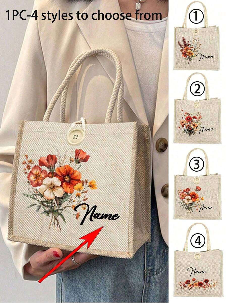 1个可定制帆布手提袋，亚麻帆布材质，可印制姓名和花卉图案，个性化纽扣装饰手提袋，简约大容量手提袋，便携休闲收纳手提袋，多功能购物袋，新款设计，可折叠，大容量，适合婚礼、生日、海滩、度假、上学等场合，是送给女性、妈妈、老师、朋友、伴娘的绝佳礼物。 - 彩色 - 查看 1