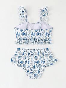 少女比基尼套装，可爱针织面料，数码贝壳印花，可调节肩带，荷叶边设计，两件式泳衣，休闲保守的韩式风格，优雅女士沙滩泳装 - 藍色 - 查看 2