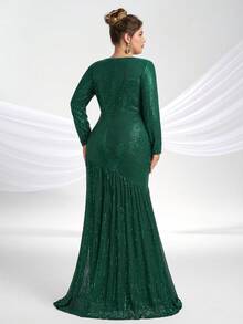 YISIKADO Plus Size V-Neck Long Sleeve Sequin Decor Mermaid Maxi Dress - Dark Green - View 2