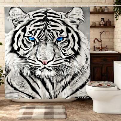 1pc White Tiger With Blue Eyes Monochrome Shower Curtain With Hooks, Modern Wildlife Bathroom Shower Curtain, Abstract Tiger Portrait Bathroom Curtain, Suitable For Minimalist Bathroom Decor, Bold Animal Bathroom Supplies, Enthusiast Bathroom Supplies, Eye-Catching Shower Curtain For Minimalist Bathroom, Quality Bathroom Shower Curtain For Artistic Home Decor