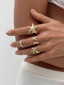 4pcs/Set Boho Style Starfish & Shell Adjustable Rings Set, Personalized Ocean Holiday Stackable Finger Rings - Gold - View 1