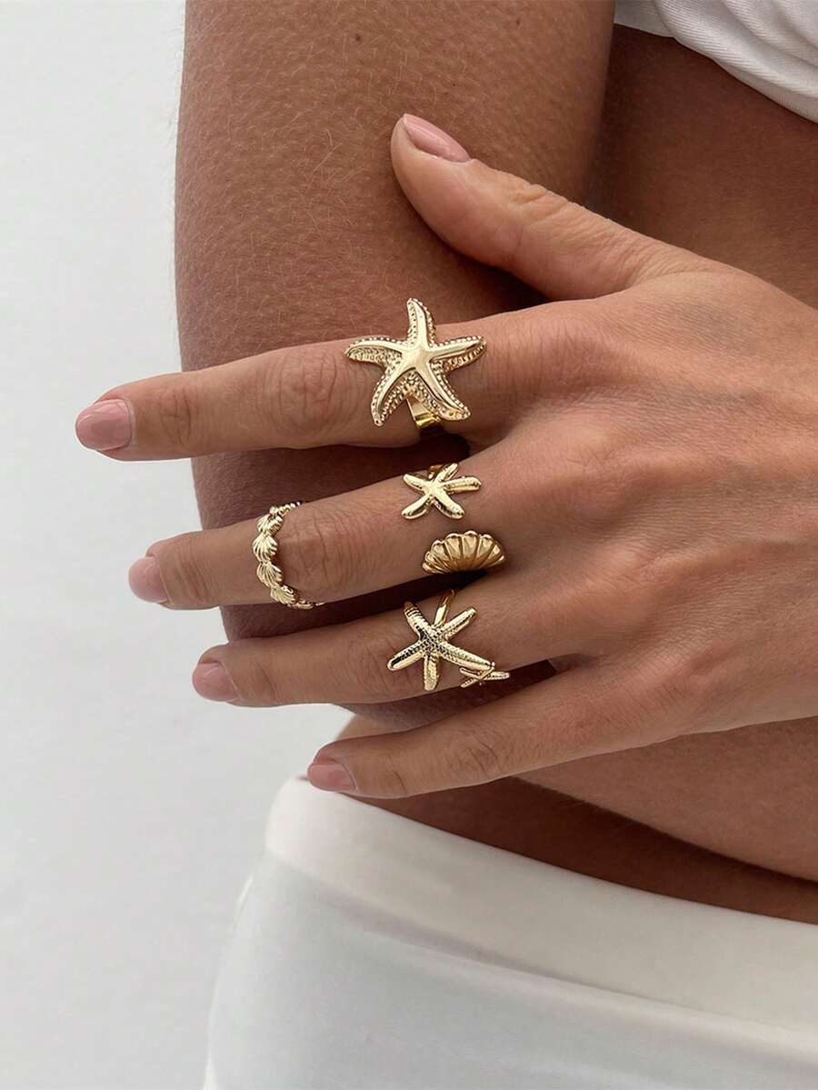 4pcs/Set Boho Style Starfish & Shell Adjustable Rings Set, Personalized Ocean Holiday Stackable Finger Rings - Gold - View 1