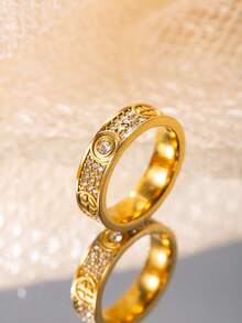 1枚18K镀金不锈钢微镶星空十字戒指，经典欧美时尚个性戒指，男女皆宜 - 彩色 - 查看 5