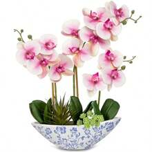 Orquídea Artificial Blanca de Seda 45.7 cm con Maceta de Cerámica Flores Sintéticas para Decoración Moderna de Hogar Oficina Centro de Mesa-B029 - Jarrón de porcelana rosa-azul y blanco - Ver 2