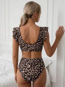 Bộ bikini 2 mảnh họa tiết da báo gợi cảm, hở lưng, có bèo nhún/viền bèo, thích hợp cho kỳ nghỉ hè trên bãi biển. - Họa tiết da báo - Xem 2