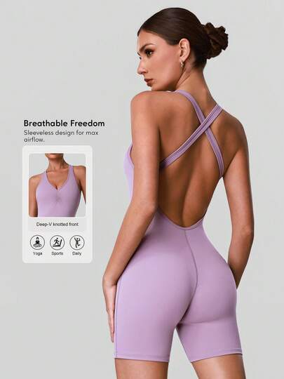Sodalemon 女士训练健身连体裤 V领露背纯色健身运动服交叉露背短款弹力跑步瑜伽运动连体裤