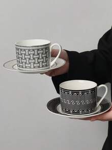 Cabin Kangaroo 北欧ins风几何图案陶瓷咖啡杯碟套装（1件）| 轻奢黑白迷宫设计下午茶杯 | 耐热奶茶杯，适用于家居、办公室、礼品 - 彩色 - 查看 9