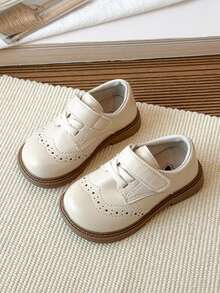 Infant Hook And Loop Flat Shoes, Unisex Comfortable Versatile Laser Cut Leather Shoes - Beige - View 2