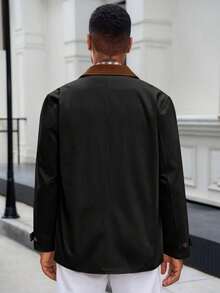 Runcati Men's Spring Vintage Military Cotton Barn Jacket Lightweight Button Down Casual Pockets Outdoor Outwear - 黑色 - 查看 4