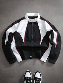 Driftmere Loose Retro Patchwork Zip-Up Jacket, Colorblock Racing Style Stand Collar - Black and White - View 3