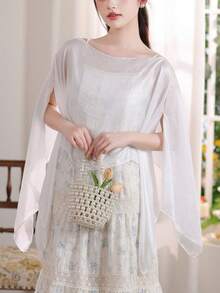 1pc Women Shawl Scarf, Lightweight Mesh Wrap, New Chinese Style Headscarf, Suitable For Summer Travel And Beach, Sun Protection - White - View 2