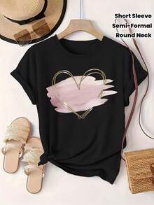 Women'S Oversized T-Shirt With Pink Heart Print - Casual Loose Fit Round Neck Short Sleeve Top, All-Season For Daily Wear & Layering, Minimalist Heart Design, Versatile For Casual & Semi-Formal Outfits - trắng - Xem 1