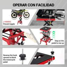 Gato hidráulico de elevación para Motocicleta, Capacidad de 350 Libras, Altura de elevación de 13.6-34.3 Pulgadas, Mesa de elevación de Tijera con Cubierta Ancha y Ruedas de Bloqueo para Motocicleta - Rojo - Ver 6