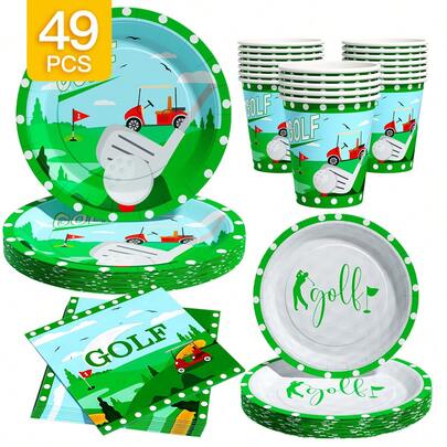 Golf Themed Disposable Plate, Napkin, Cup Set, Plates, Napkins And Cups Party Supplies, Serves 8 Guests, Disposable Paper Plates Party Tableware Suitable For Birthday, Wedding, Theme Party, Family Picnic