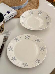 White Round Ceramic Dinner Plate | Starfish Ceramic Plate, Suitable For Serving Fruit, Pasta, And Seafood, Microwave-, Easy-To-Clean Shallow Plate, Ideal For Serving Pasta, Salads, And Steaks – Perfect For Home And Restaurant Use. - Multicolor - View 1