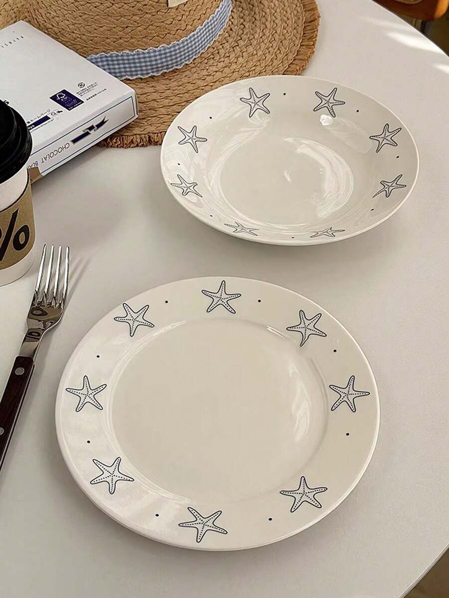 White Round Ceramic Dinner Plate | Starfish Ceramic Plate, Suitable For Serving Fruit, Pasta, And Seafood, Microwave-, Easy-To-Clean Shallow Plate, Ideal For Serving Pasta, Salads, And Steaks – Perfect For Home And Restaurant Use. - Multicolor - View 1