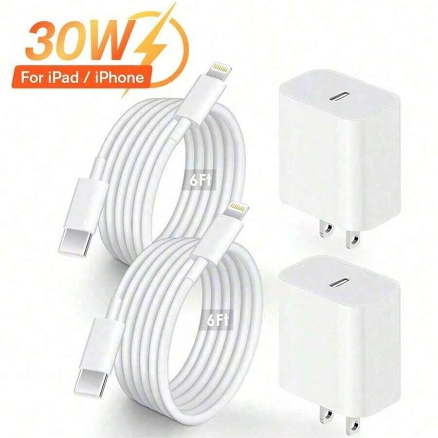 30W Fast Charger Set 6ft Data Cable - High-Speed Sync Charge Wall Adapter Kit - White - View 1