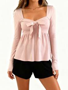 Women T-shirt Long Sleeve Bowknot Pleated Solid Ladies Fall Tops Streetwear for Casual Daily - Rosa - Ver 1