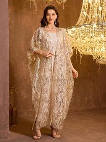 Đầm dạ hội Ả Rập đính sequin và ghép mảnh dành cho nữ - Rượu sâm banh - Xem 7