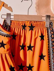 Girls Bohemian Style Set, Orange Camisole Top + Wide Leg Pants With Star & Moon Sheep Print And Bohemian Geometric Trim, Loose 2-Piece Outfit For Beach, Casual, Party, Spring/Summer - Orange - View 9