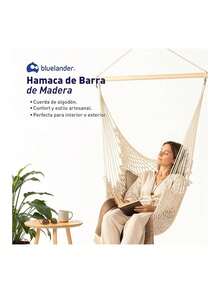 Hamaca Colgante de Algodón con Soporte de Madera, Capacidad 150 kg, Ideal para Interior y Exterior (Incluye Accesorios de Fijación). Bluelander - Beis - Ver 2