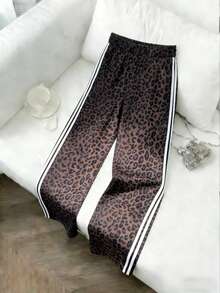 大码女式豹纹弹力腰裤，侧边条纹装饰，春季款 - 咖啡棕 - 查看 2