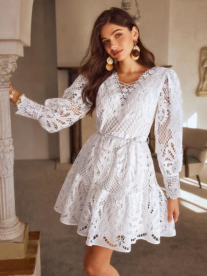 Women's Spring/Summer New Fashion Delicate White Hollow-Out Lace Patchwork Mini Dress, Long Sleeve V-Neck Ruffle Hem, Bohemian Style, Suitable For Party And Vacation Wear