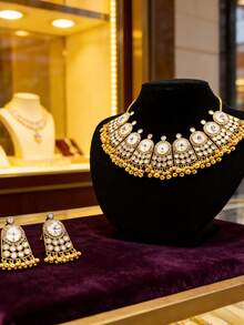 3件套奢华南亚风水钻水晶首饰套装，铃铛流苏项链套装，适合女性节日、宴会和日常佩戴，新娘婚礼首饰 - 金色 - 查看 3