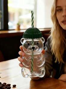 Cute Bear Straw Cup With Lid & Straw | Plastic, Reusable, Honeybear Cup, Cute Mugs Bears Sippy Cups, Ideal For Hot And Cold Drinks, Coffee, Wine, Juice, Smoothies, Boba, Birthday Gift, High Aesthetic Value, Party Drinkware, Valentine'S Day, New Year Gift, Exquisite Creative Gift, Ramadan Gift (Candy Cane Stripes) - Multicolor - View 2