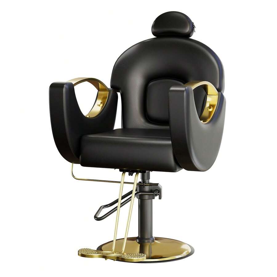 Sillón de barbero profesional, sillón reclinable clásico con ajuste de altura, giro de 360°, bomba hidráulica de alta resistencia, sillón reclinable para barberías, spas de belleza, estudios de tatuajes, color negro - Negro y dorado - Ver 1